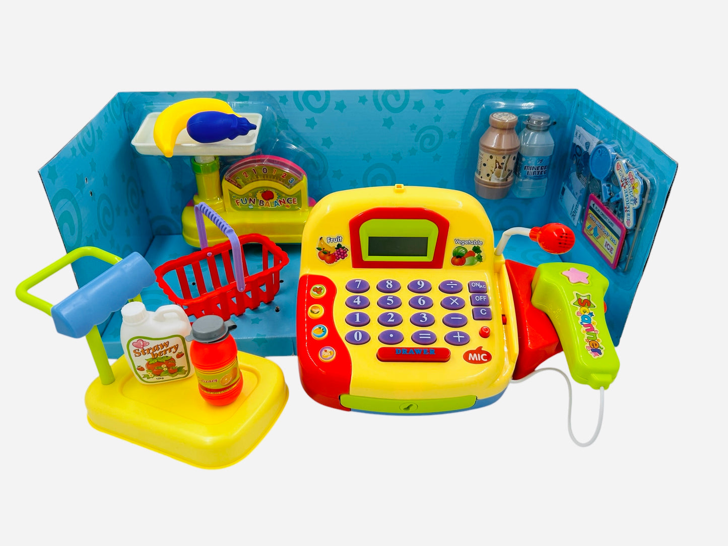 Kit Supermercado incluye caja registradora con sonido, micrófono y medios de pago